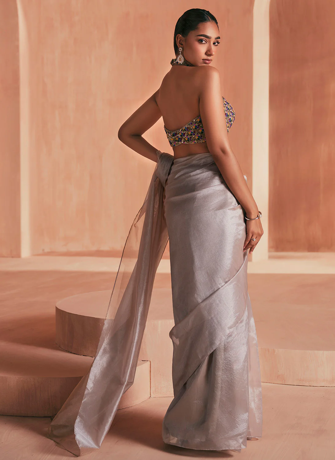 Silver Embroidered Tissue Saree - Image 4